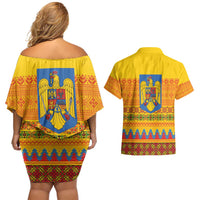 Romania Merry Christmas Couples Matching Off Shoulder Short Dress and Hawaiian Shirt Romania Emblem Traditional Folk Art - Wonder Print Shop
