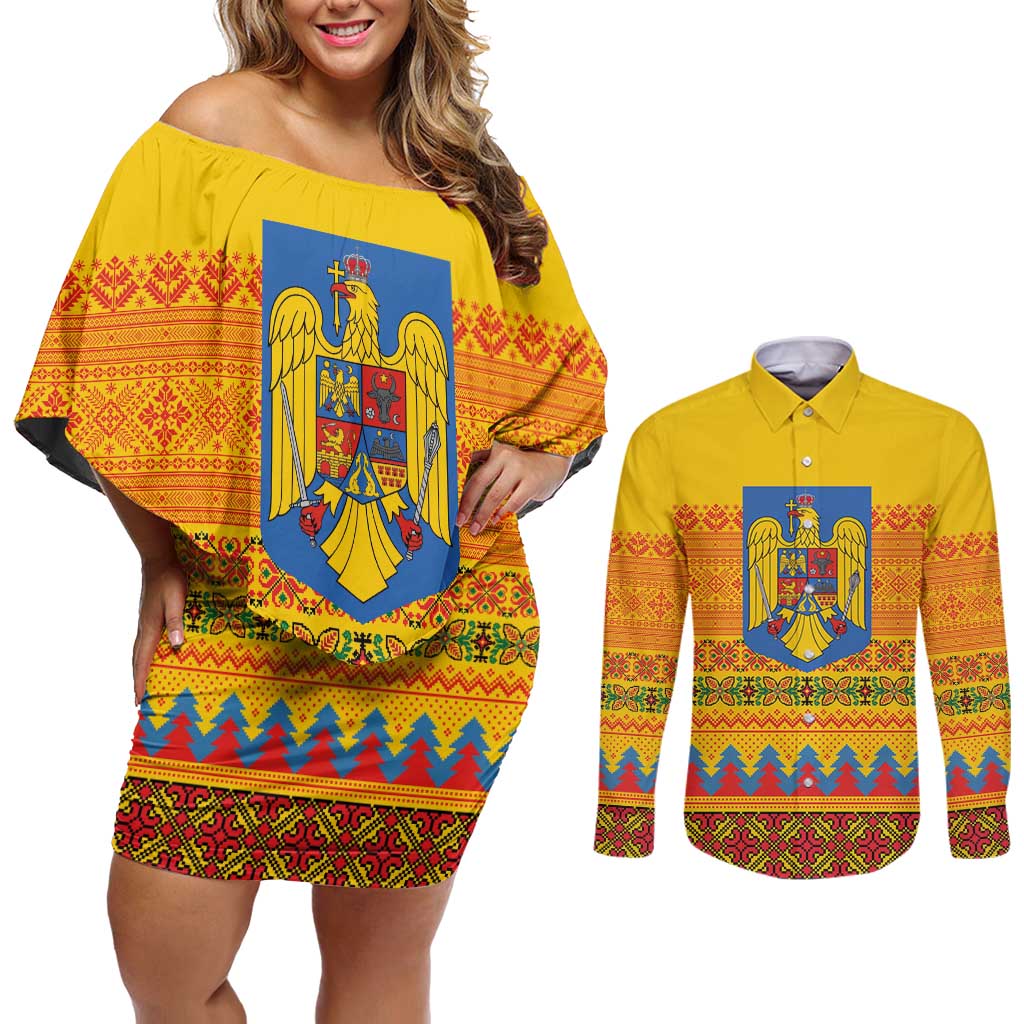 Romania Merry Christmas Couples Matching Off Shoulder Short Dress and Long Sleeve Button Shirt Romania Emblem Traditional Folk Art - Wonder Print Shop