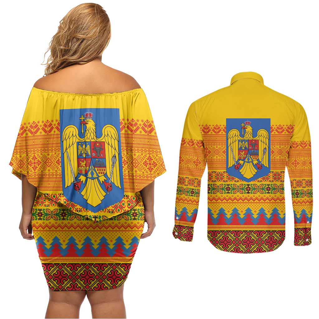 Romania Merry Christmas Couples Matching Off Shoulder Short Dress and Long Sleeve Button Shirt Romania Emblem Traditional Folk Art - Wonder Print Shop