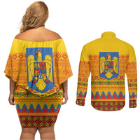 Romania Merry Christmas Couples Matching Off Shoulder Short Dress and Long Sleeve Button Shirt Romania Emblem Traditional Folk Art - Wonder Print Shop