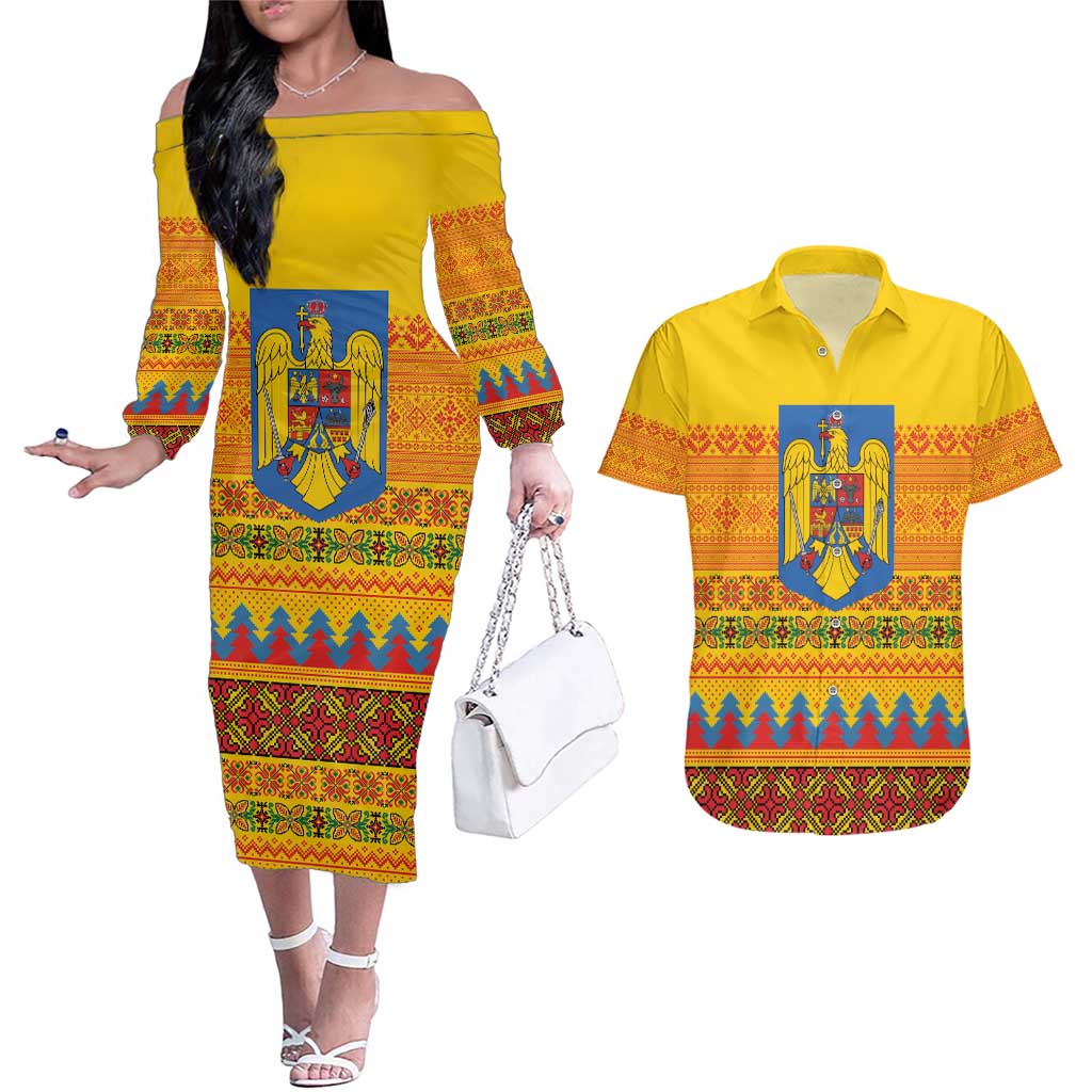 Romania Merry Christmas Couples Matching Off The Shoulder Long Sleeve Dress and Hawaiian Shirt Romania Emblem Traditional Folk Art - Wonder Print Shop