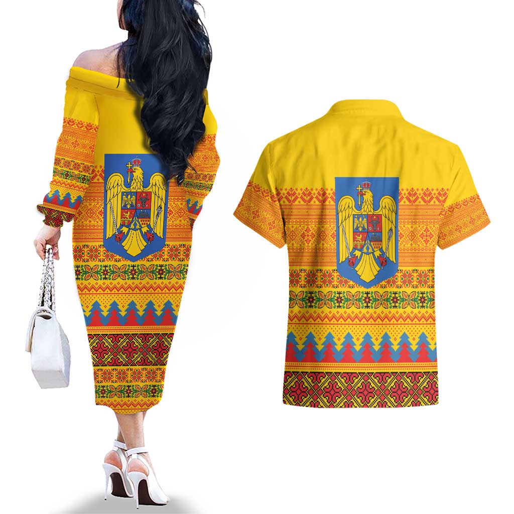 Romania Merry Christmas Couples Matching Off The Shoulder Long Sleeve Dress and Hawaiian Shirt Romania Emblem Traditional Folk Art - Wonder Print Shop