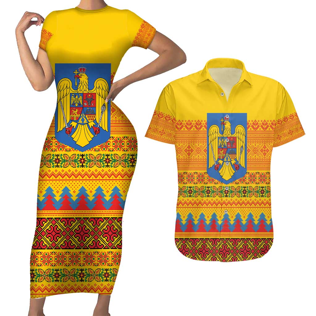 Romania Merry Christmas Couples Matching Short Sleeve Bodycon Dress and Hawaiian Shirt Romania Emblem Traditional Folk Art - Wonder Print Shop