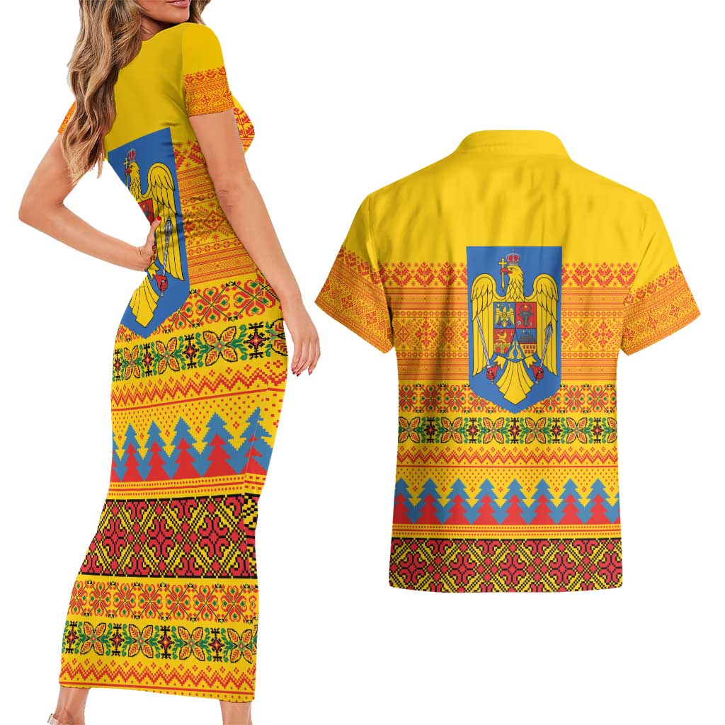 Romania Merry Christmas Couples Matching Short Sleeve Bodycon Dress and Hawaiian Shirt Romania Emblem Traditional Folk Art - Wonder Print Shop