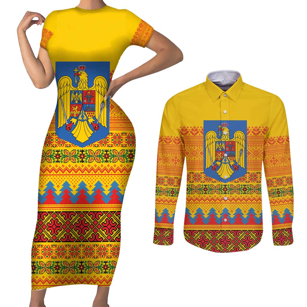 Romania Merry Christmas Couples Matching Short Sleeve Bodycon Dress and Long Sleeve Button Shirt Romania Emblem Traditional Folk Art - Wonder Print Shop