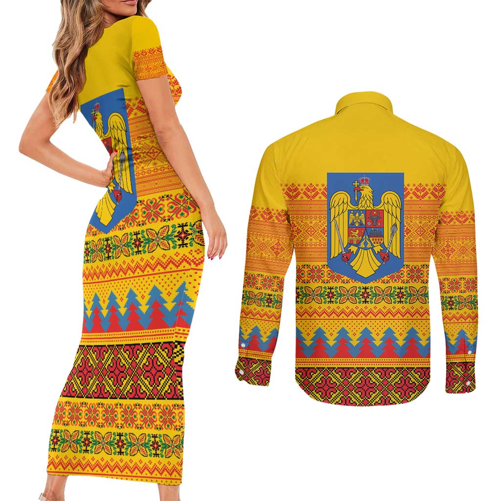 Romania Merry Christmas Couples Matching Short Sleeve Bodycon Dress and Long Sleeve Button Shirt Romania Emblem Traditional Folk Art - Wonder Print Shop