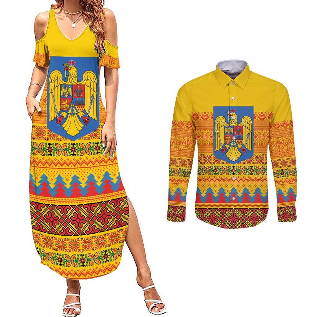 Romania Merry Christmas Couples Matching Summer Maxi Dress and Long Sleeve Button Shirt Romania Emblem Traditional Folk Art - Wonder Print Shop