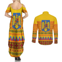 Romania Merry Christmas Couples Matching Summer Maxi Dress and Long Sleeve Button Shirt Romania Emblem Traditional Folk Art - Wonder Print Shop
