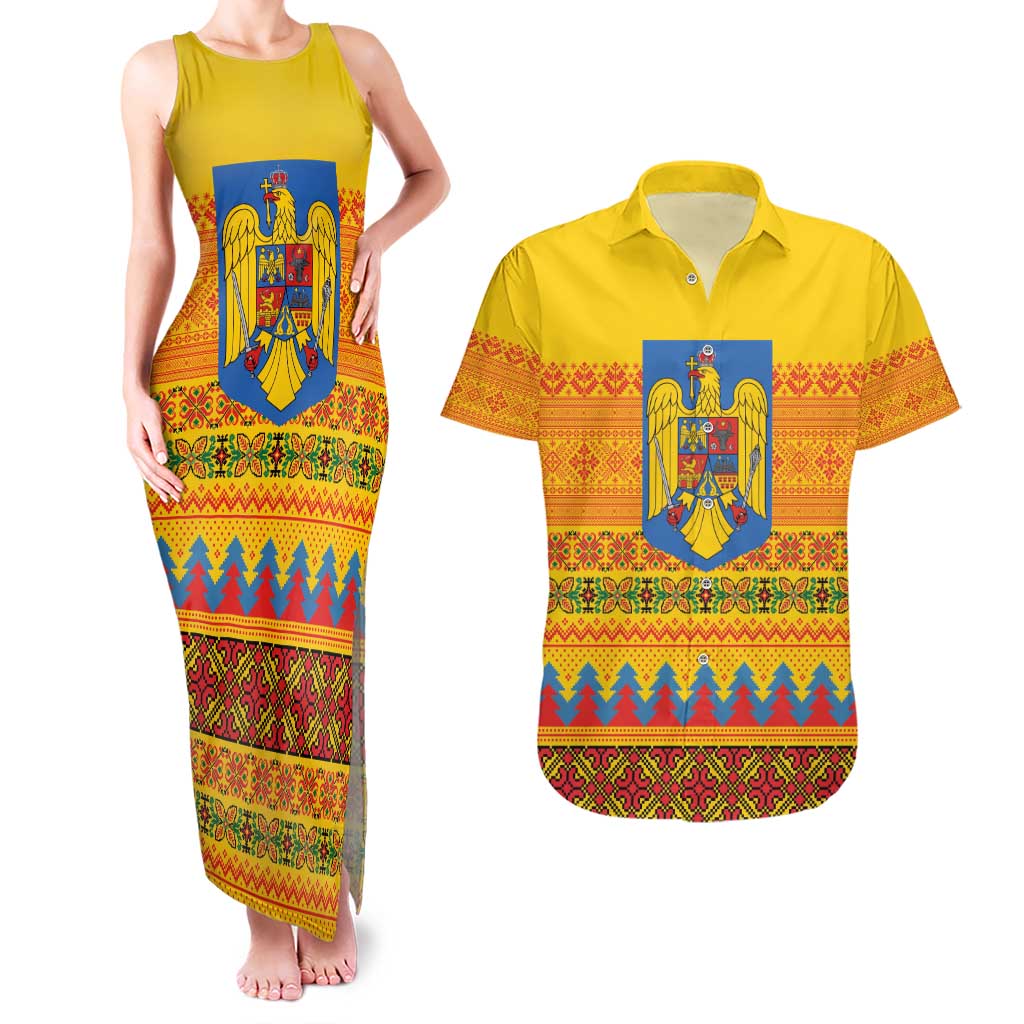 Romania Merry Christmas Couples Matching Tank Maxi Dress and Hawaiian Shirt Romania Emblem Traditional Folk Art - Wonder Print Shop
