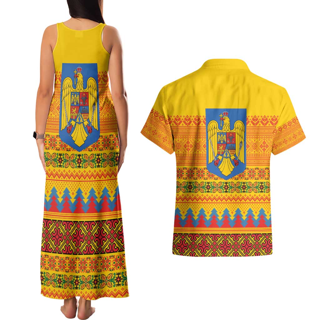 Romania Merry Christmas Couples Matching Tank Maxi Dress and Hawaiian Shirt Romania Emblem Traditional Folk Art - Wonder Print Shop