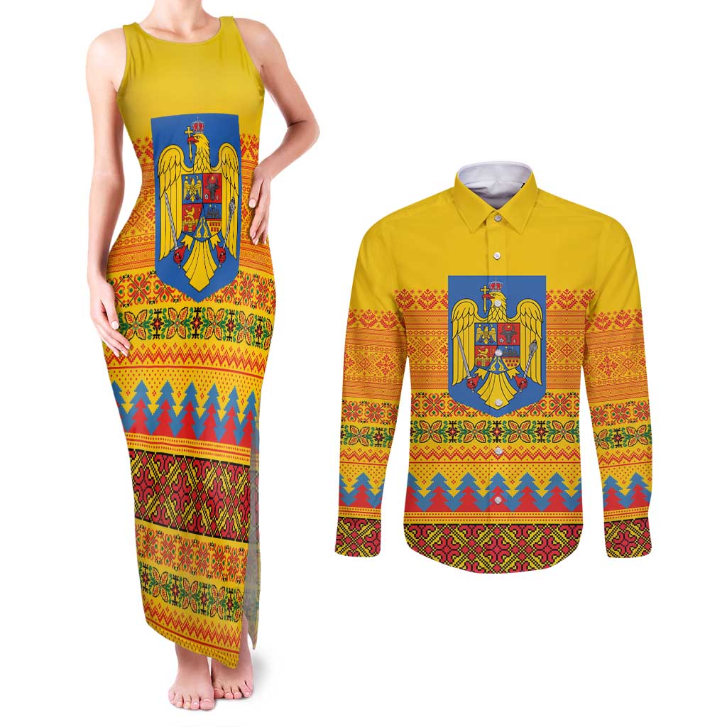 Romania Merry Christmas Couples Matching Tank Maxi Dress and Long Sleeve Button Shirt Romania Emblem Traditional Folk Art - Wonder Print Shop