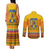 Romania Merry Christmas Couples Matching Tank Maxi Dress and Long Sleeve Button Shirt Romania Emblem Traditional Folk Art - Wonder Print Shop