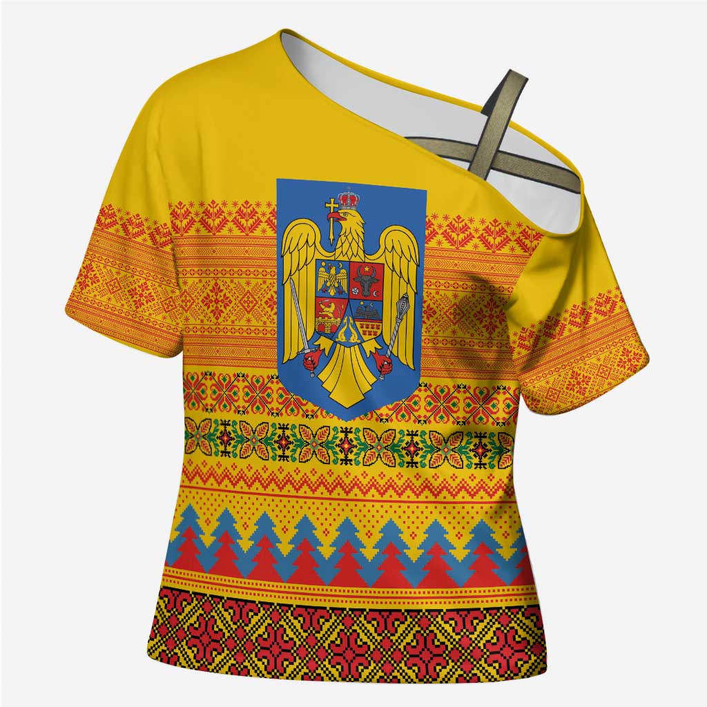 Romania Merry Christmas Cross Shoulder Shirt Romania Emblem Traditional Folk Art - Wonder Print Shop