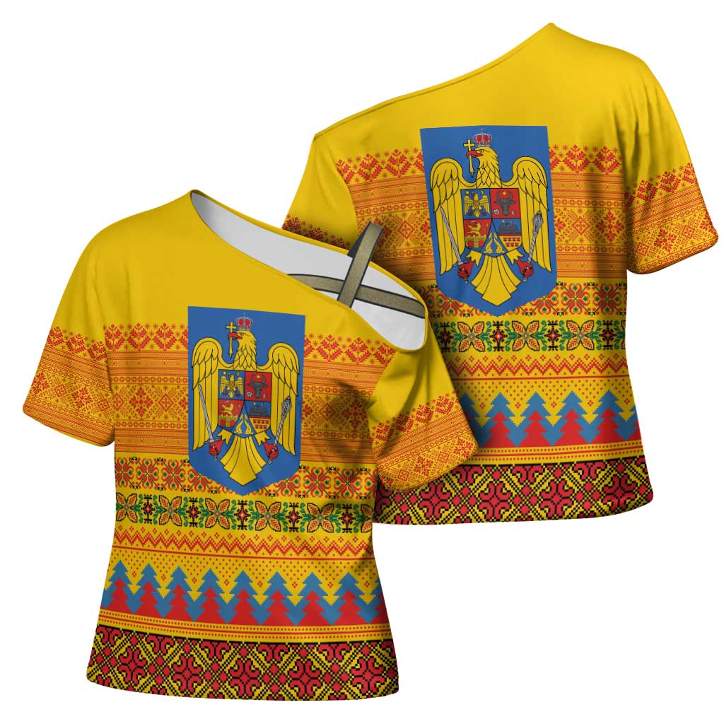 Romania Merry Christmas Cross Shoulder Shirt Romania Emblem Traditional Folk Art - Wonder Print Shop