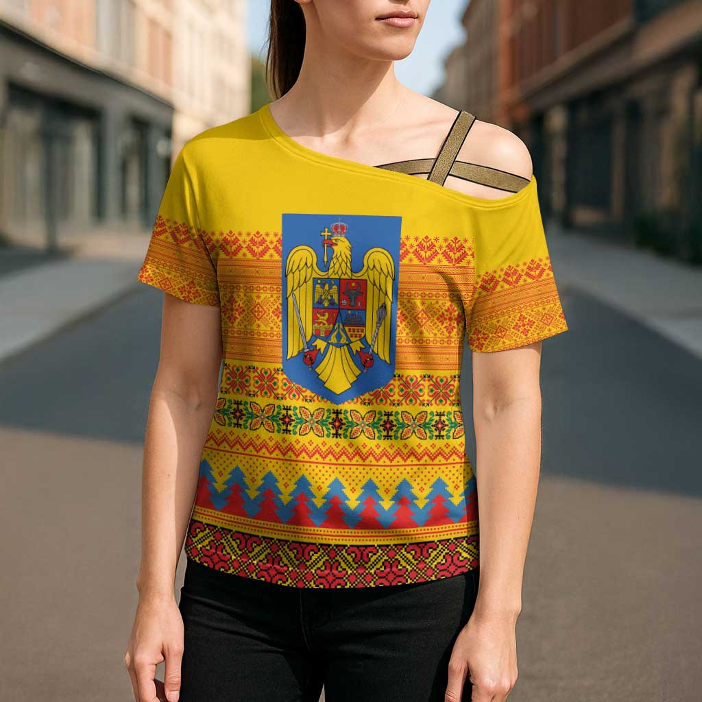 Romania Merry Christmas Cross Shoulder Shirt Romania Emblem Traditional Folk Art - Wonder Print Shop