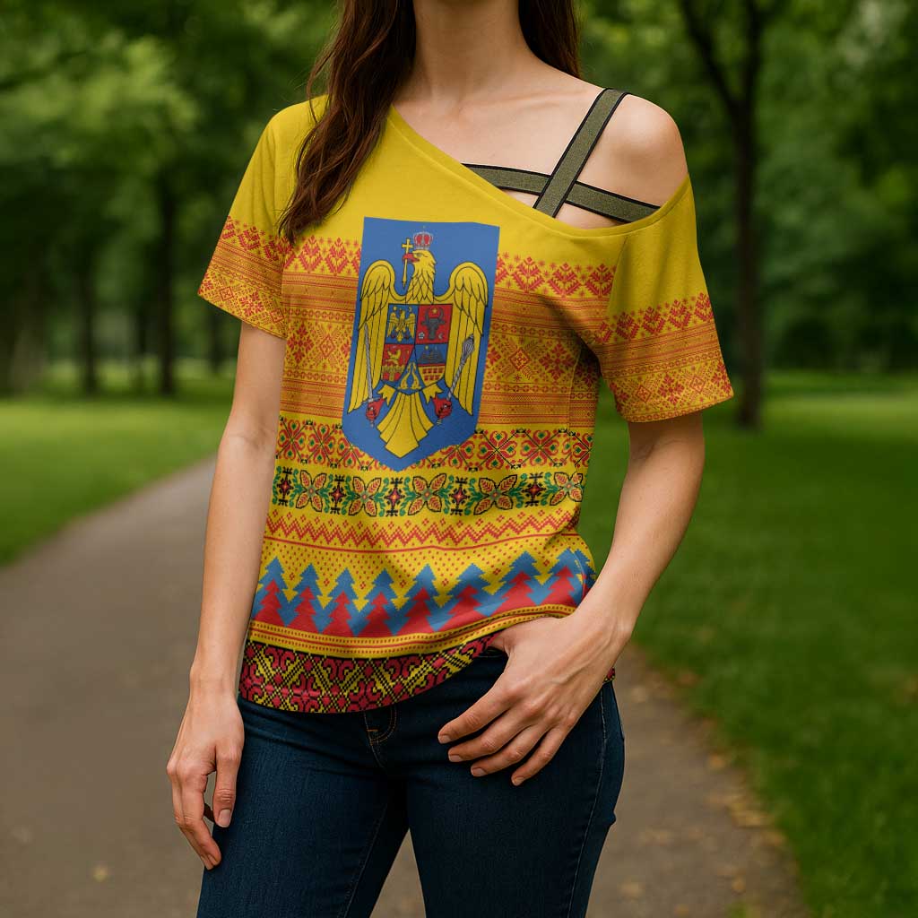 Romania Merry Christmas Cross Shoulder Shirt Romania Emblem Traditional Folk Art - Wonder Print Shop