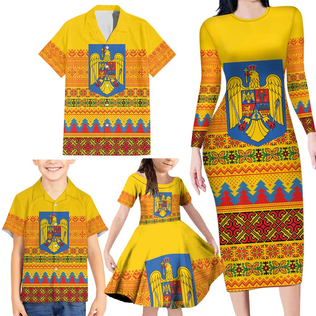 Romania Merry Christmas Family Matching Long Sleeve Bodycon Dress and Hawaiian Shirt Romania Emblem Traditional Folk Art - Wonder Print Shop