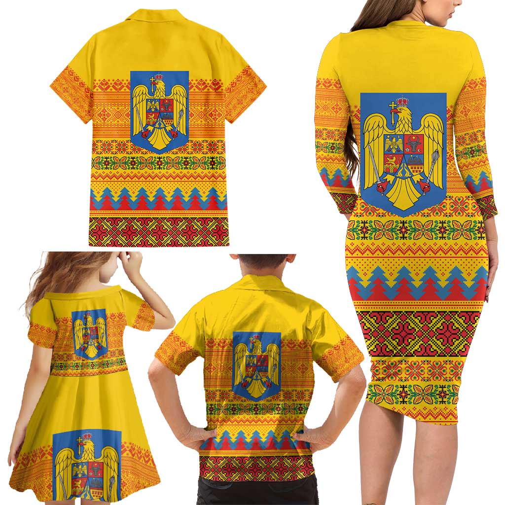 Romania Merry Christmas Family Matching Long Sleeve Bodycon Dress and Hawaiian Shirt Romania Emblem Traditional Folk Art - Wonder Print Shop