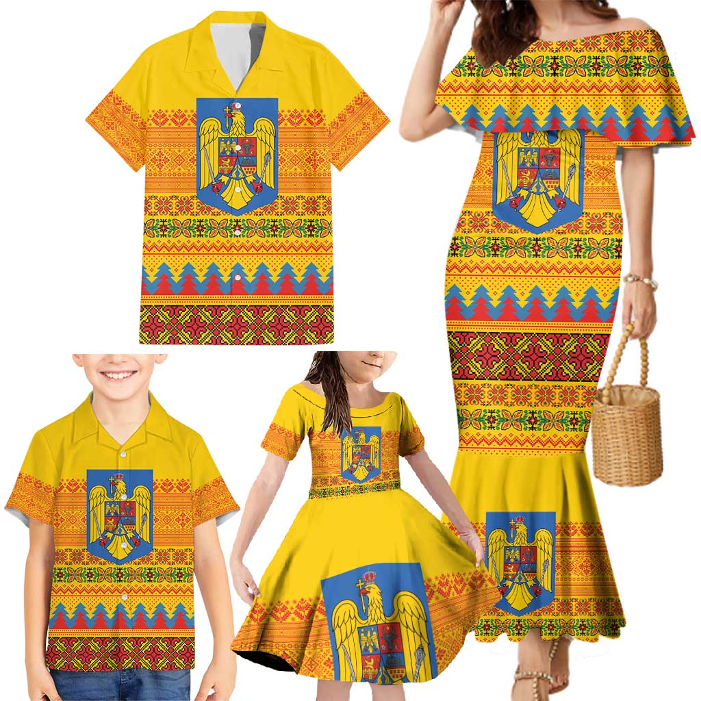 Romania Merry Christmas Family Matching Mermaid Dress and Hawaiian Shirt Romania Emblem Traditional Folk Art - Wonder Print Shop