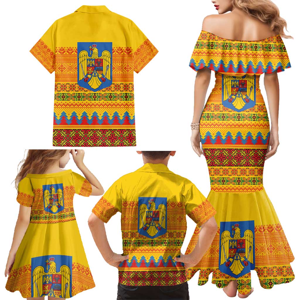 Romania Merry Christmas Family Matching Mermaid Dress and Hawaiian Shirt Romania Emblem Traditional Folk Art - Wonder Print Shop