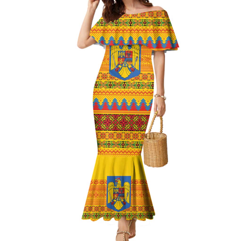 Romania Merry Christmas Family Matching Mermaid Dress and Hawaiian Shirt Romania Emblem Traditional Folk Art - Wonder Print Shop