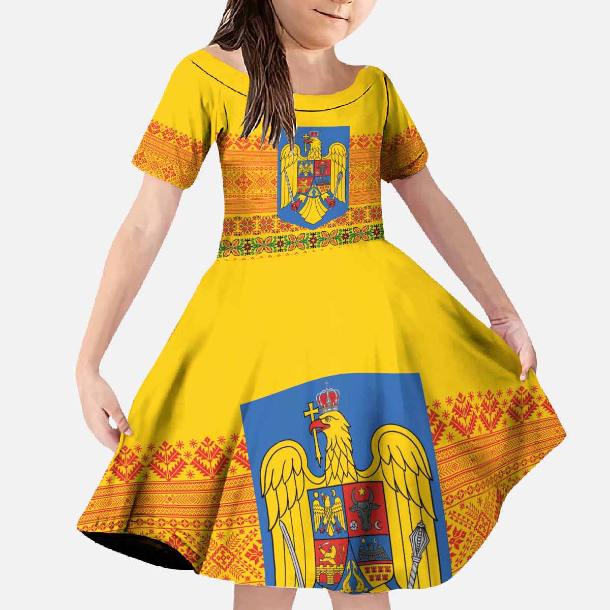 Romania Merry Christmas Family Matching Off The Shoulder Long Sleeve Dress and Hawaiian Shirt Romania Emblem Traditional Folk Art - Wonder Print Shop
