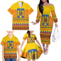 Romania Merry Christmas Family Matching Off The Shoulder Long Sleeve Dress and Hawaiian Shirt Romania Emblem Traditional Folk Art - Wonder Print Shop