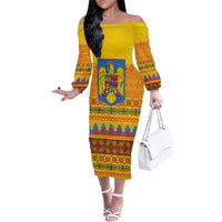 Romania Merry Christmas Family Matching Off The Shoulder Long Sleeve Dress and Hawaiian Shirt Romania Emblem Traditional Folk Art - Wonder Print Shop