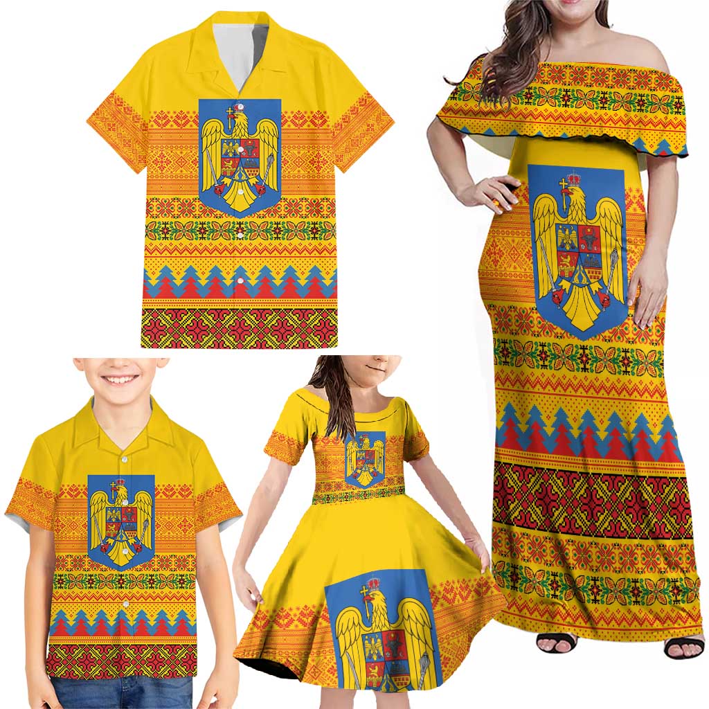 Romania Merry Christmas Family Matching Off Shoulder Maxi Dress and Hawaiian Shirt Romania Emblem Traditional Folk Art - Wonder Print Shop