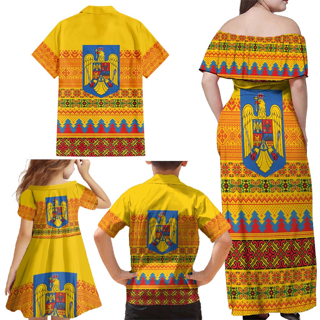 Romania Merry Christmas Family Matching Off Shoulder Maxi Dress and Hawaiian Shirt Romania Emblem Traditional Folk Art - Wonder Print Shop