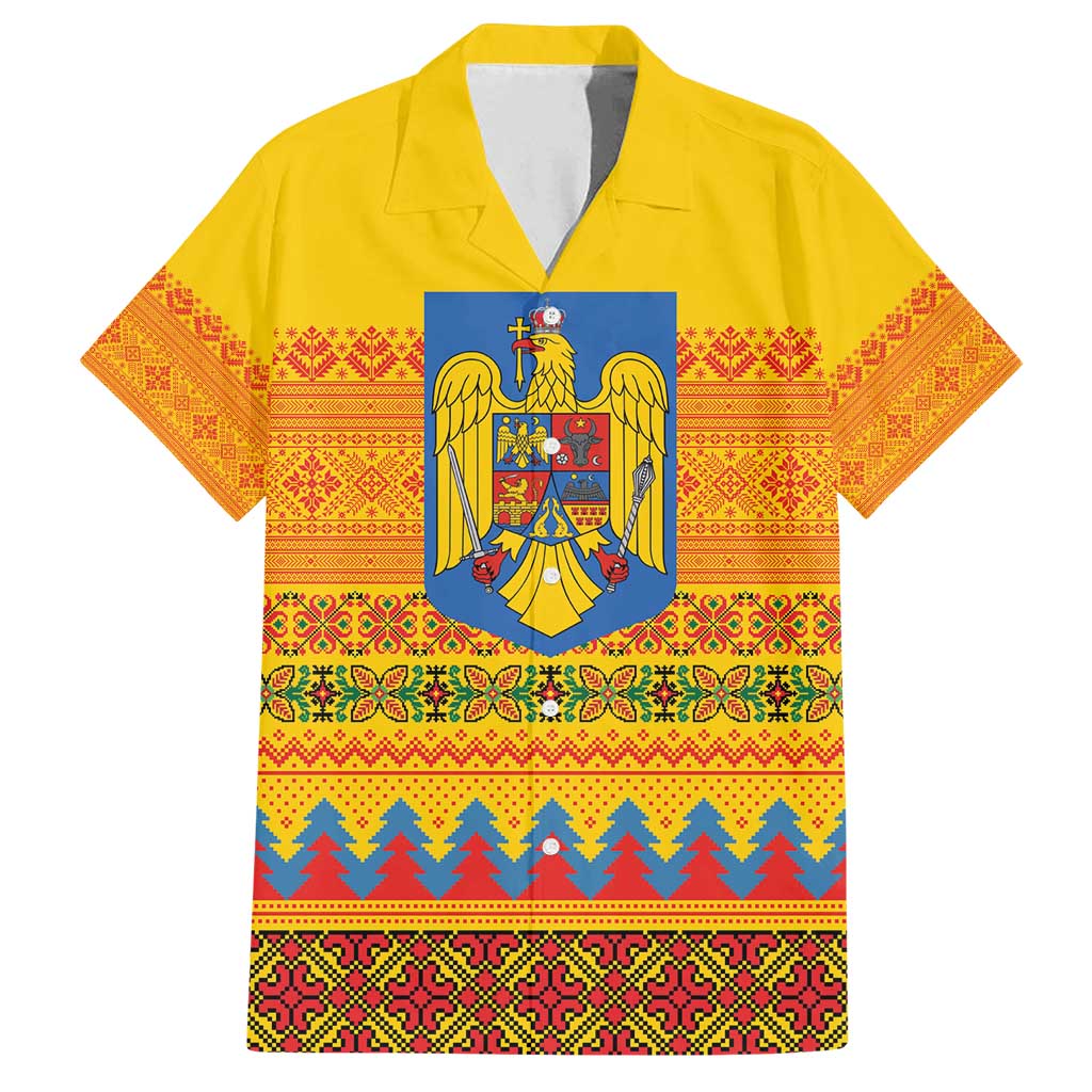 Romania Merry Christmas Family Matching Off Shoulder Maxi Dress and Hawaiian Shirt Romania Emblem Traditional Folk Art - Wonder Print Shop