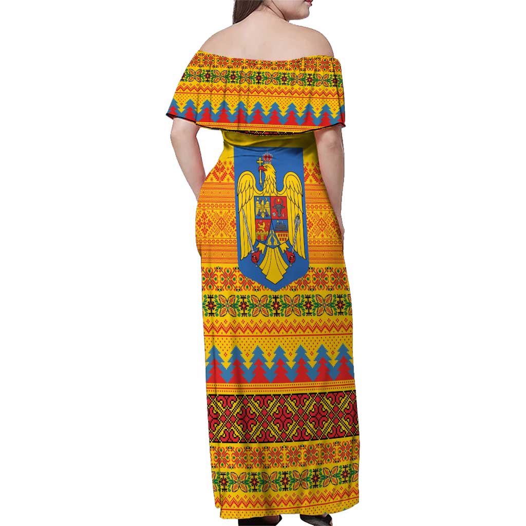 Romania Merry Christmas Family Matching Off Shoulder Maxi Dress and Hawaiian Shirt Romania Emblem Traditional Folk Art - Wonder Print Shop