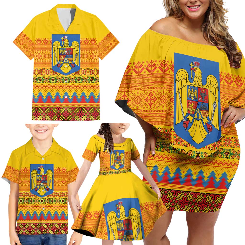 Romania Merry Christmas Family Matching Off Shoulder Short Dress and Hawaiian Shirt Romania Emblem Traditional Folk Art - Wonder Print Shop