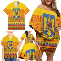 Romania Merry Christmas Family Matching Off Shoulder Short Dress and Hawaiian Shirt Romania Emblem Traditional Folk Art - Wonder Print Shop