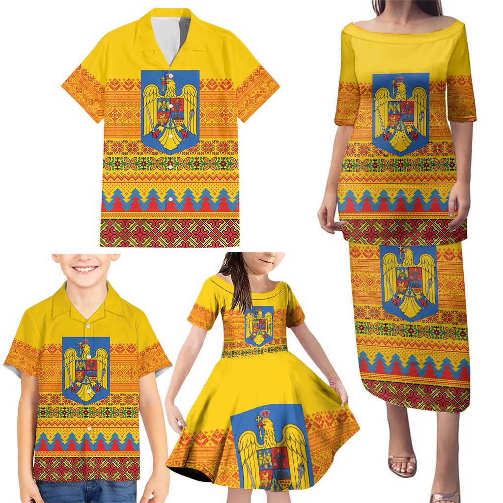 Romania Merry Christmas Family Matching Puletasi and Hawaiian Shirt Romania Emblem Traditional Folk Art - Wonder Print Shop