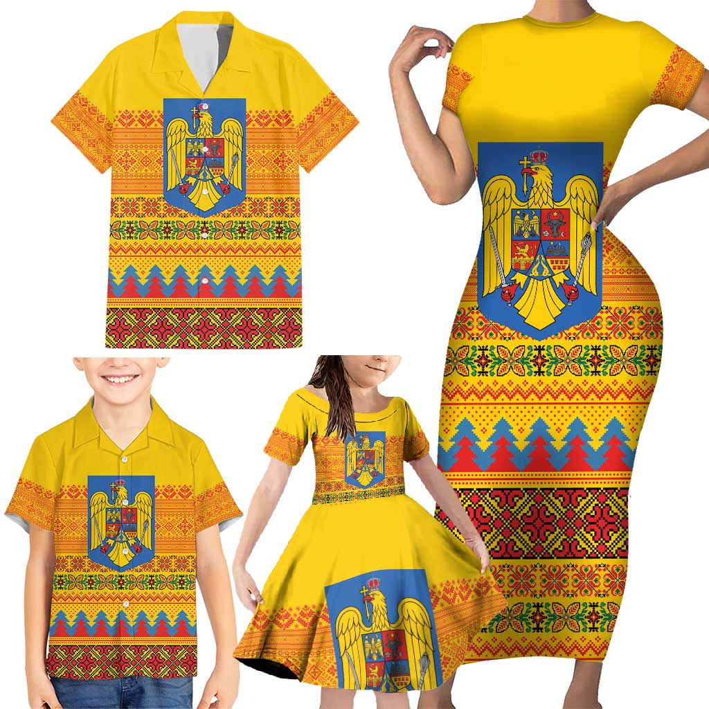 Romania Merry Christmas Family Matching Short Sleeve Bodycon Dress and Hawaiian Shirt Romania Emblem Traditional Folk Art - Wonder Print Shop