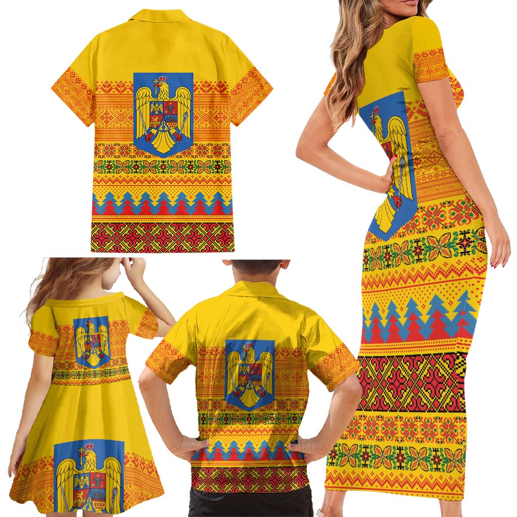 Romania Merry Christmas Family Matching Short Sleeve Bodycon Dress and Hawaiian Shirt Romania Emblem Traditional Folk Art - Wonder Print Shop