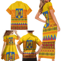 Romania Merry Christmas Family Matching Short Sleeve Bodycon Dress and Hawaiian Shirt Romania Emblem Traditional Folk Art - Wonder Print Shop