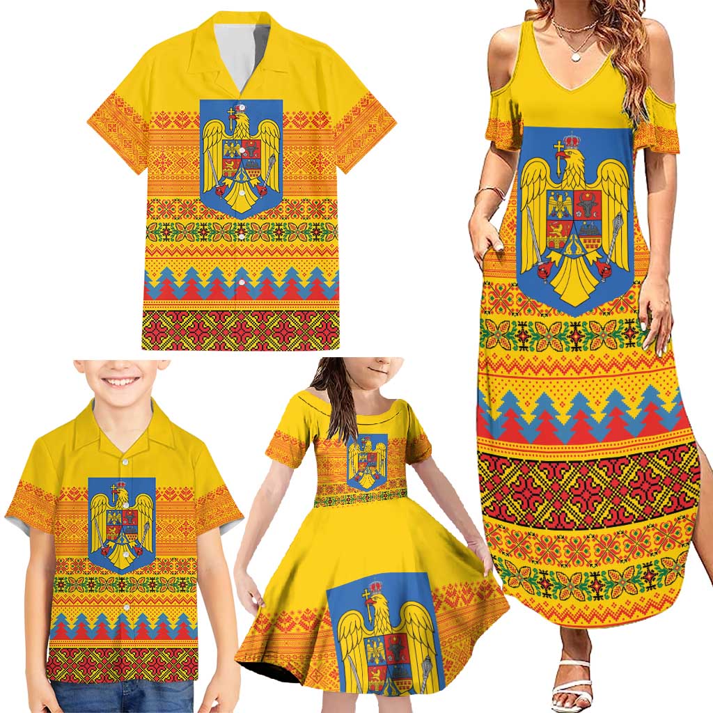 Romania Merry Christmas Family Matching Summer Maxi Dress and Hawaiian Shirt Romania Emblem Traditional Folk Art - Wonder Print Shop