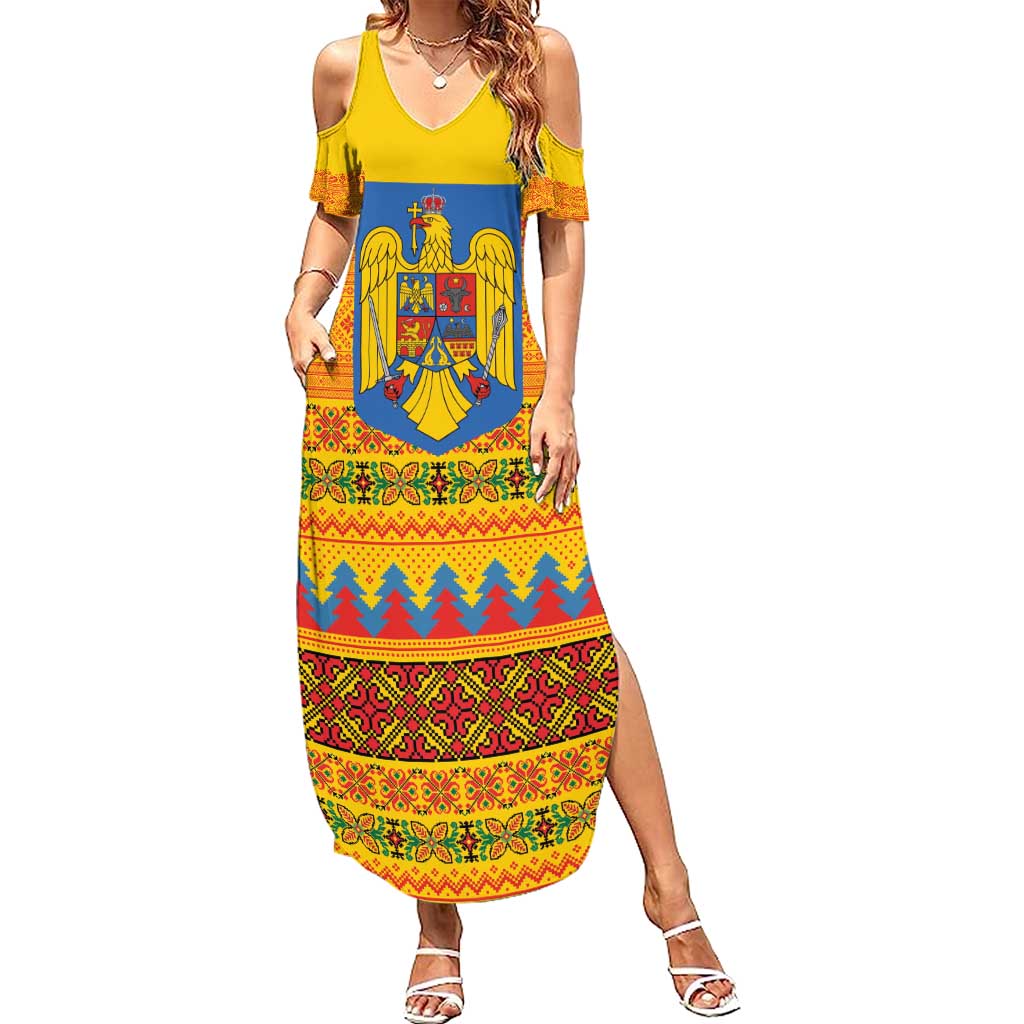 Romania Merry Christmas Family Matching Summer Maxi Dress and Hawaiian Shirt Romania Emblem Traditional Folk Art - Wonder Print Shop