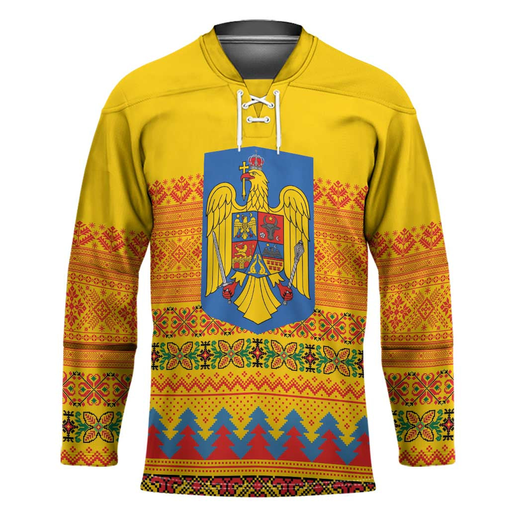 Romania Merry Christmas Hockey Jersey Romania Emblem Traditional Folk Art - Wonder Print Shop