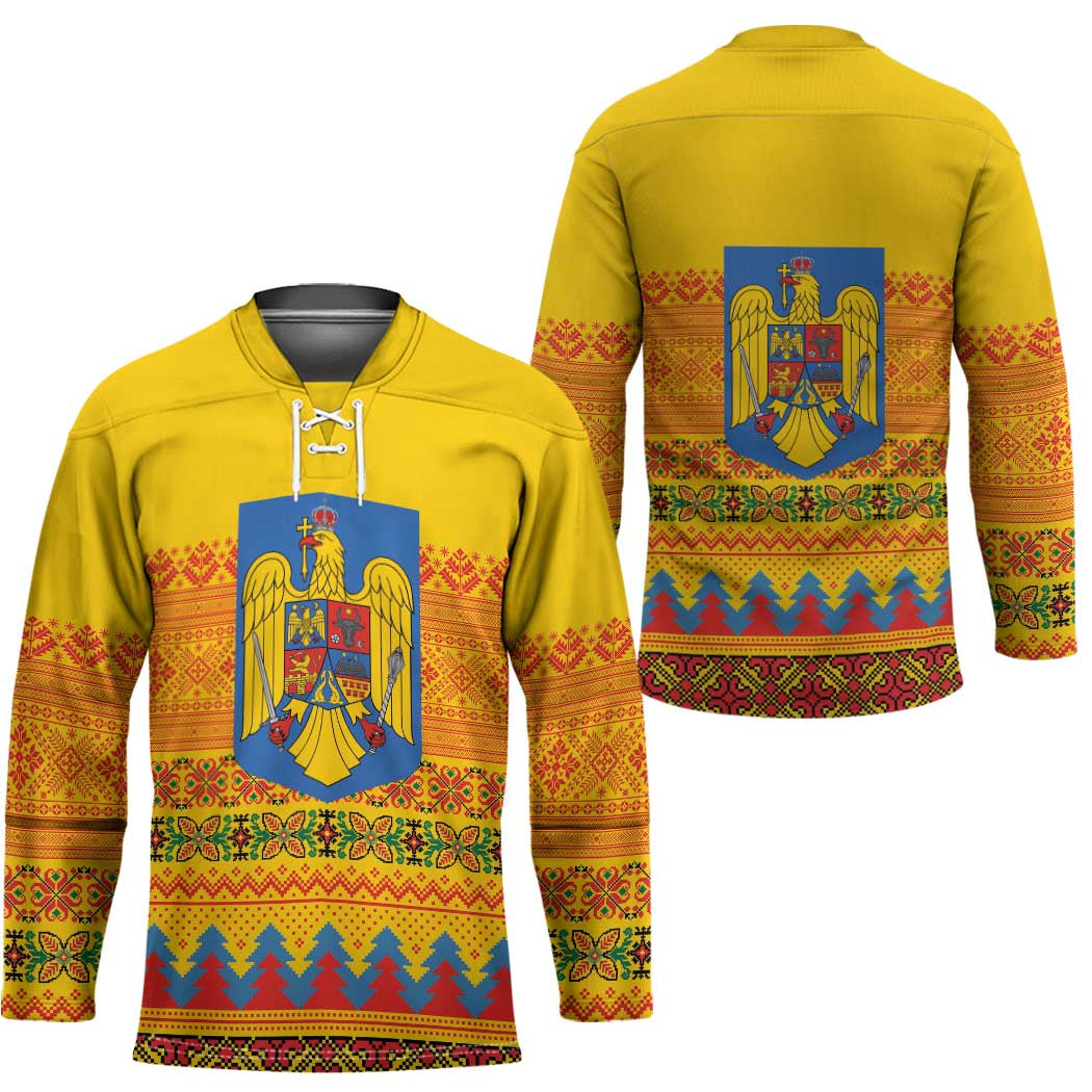 Romania Merry Christmas Hockey Jersey Romania Emblem Traditional Folk Art - Wonder Print Shop