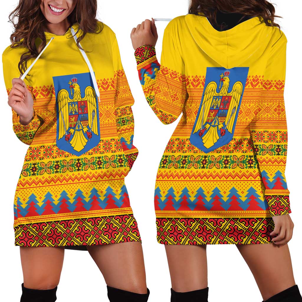 Romania Merry Christmas Hoodie Dress Romania Emblem Traditional Folk Art - Wonder Print Shop
