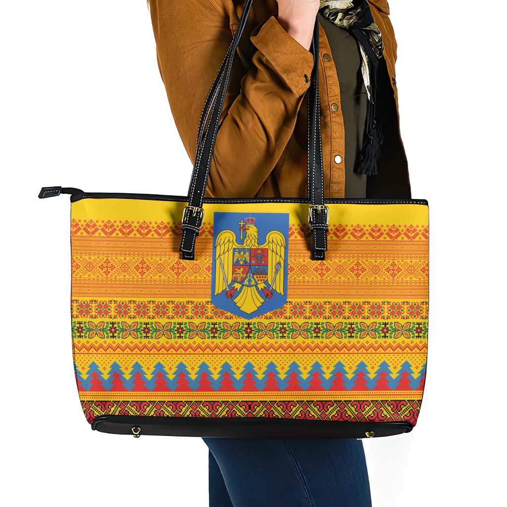 Romania Merry Christmas Leather Tote Bag Romania Emblem Traditional Folk Art - Wonder Print Shop