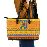 Romania Merry Christmas Leather Tote Bag Romania Emblem Traditional Folk Art - Wonder Print Shop