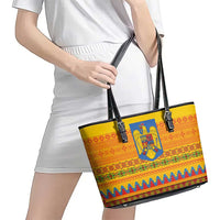 Romania Merry Christmas Leather Tote Bag Romania Emblem Traditional Folk Art - Wonder Print Shop