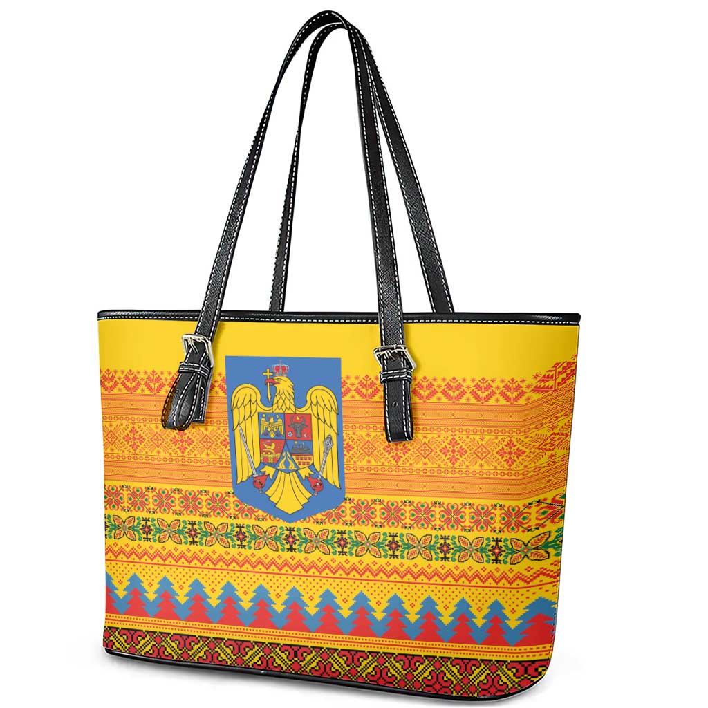Romania Merry Christmas Leather Tote Bag Romania Emblem Traditional Folk Art - Wonder Print Shop