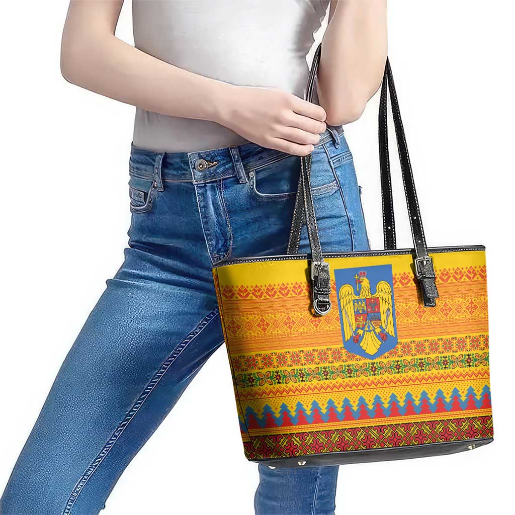 Romania Merry Christmas Leather Tote Bag Romania Emblem Traditional Folk Art - Wonder Print Shop