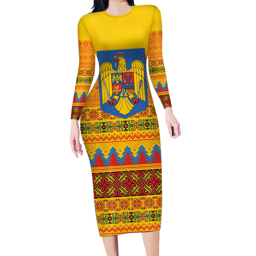 Romania Merry Christmas Long Sleeve Bodycon Dress Romania Emblem Traditional Folk Art - Wonder Print Shop