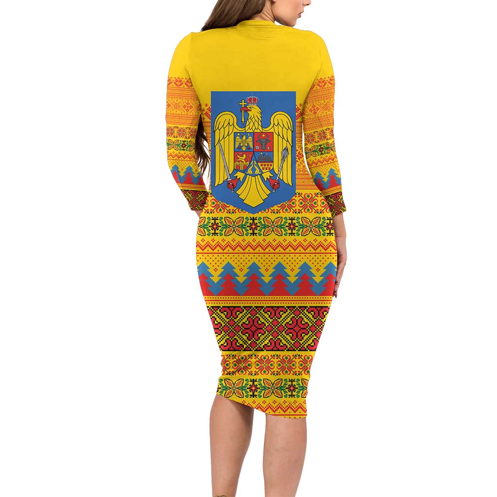 Romania Merry Christmas Long Sleeve Bodycon Dress Romania Emblem Traditional Folk Art - Wonder Print Shop